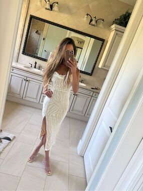 White Textured Velvet Midi Dress with Side Slit